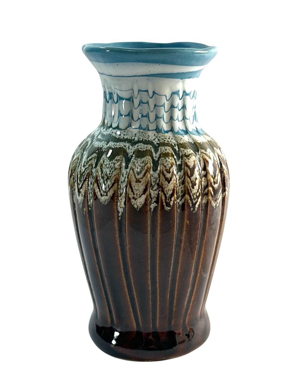 Vintage Art Pottery Vase Brown Turquoise Drip Glaze Fluted Ribbed 5.25”